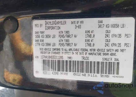 2003 Dodge Ram 1500 Slt/Laramie/St z USA, uszkodzony, nr VIN 1D7HA18N93S311205